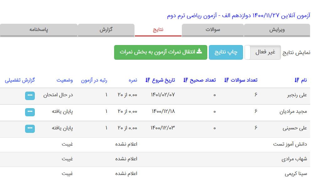 نتایج آزمون